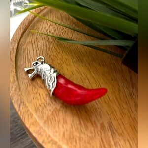 Red Turquoise Tibetan Silver Wolf Tooth Shape Pendant 60x16x8mm